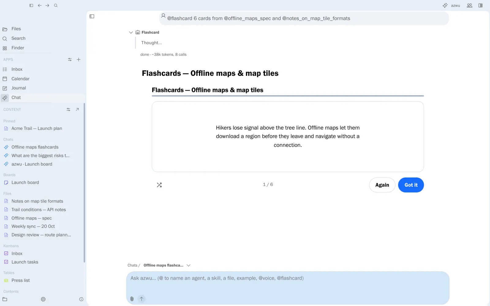 An interactive flashcard deck in chat